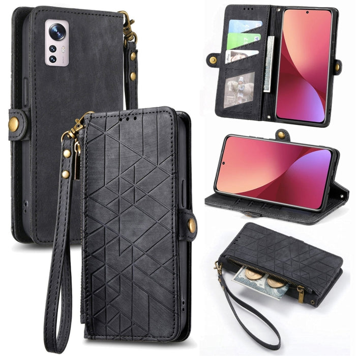 Estuche de teléfono de cuero con hebilla lateral de billetera con cremallera geométrica, For Xiaomi 12S Pro, For Xiaomi 12S, For Xiaomi Poco C40, For Xiaomi 12 Ultra, For Xiaomi 12, For Xiaomi 11T, For Xiaomi Poco X3 GT, For Xiaomi 11 Lite             ...