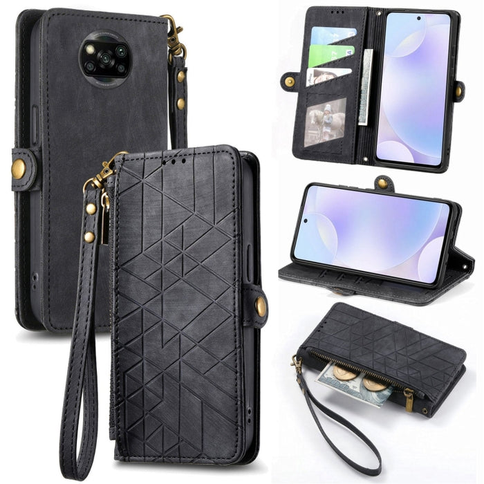 Estuche de teléfono de cuero con hebilla lateral de billetera con cremallera geométrica, For Xiaomi 12S Pro, For Xiaomi 12S, For Xiaomi Poco C40, For Xiaomi 12 Ultra, For Xiaomi 12, For Xiaomi 11T, For Xiaomi Poco X3 GT, For Xiaomi 11 Lite             ...