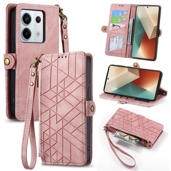 Estuche de teléfono de cuero con hebilla lateral de billetera con cremallera geométrica, For Redmi Note 13 Pro 4G, For Redmi Note 13 4G, For Redmi Note 13 5G Global, For Redmi Note 13 Pro 5G Global, For Xiaomi F5 5G, For Xiaomi F5 Pro 5G               ...