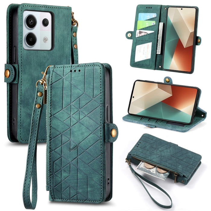 Estuche de teléfono de cuero con hebilla lateral de billetera con cremallera geométrica, For Redmi Note 13 Pro 4G, For Redmi Note 13 4G, For Redmi Note 13 5G Global, For Redmi Note 13 Pro 5G Global, For Xiaomi F5 5G, For Xiaomi F5 Pro 5G               ...