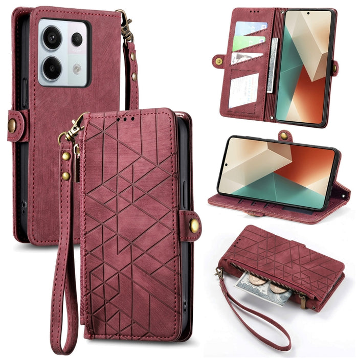 Estuche de teléfono de cuero con hebilla lateral de billetera con cremallera geométrica, For Redmi Note 13 Pro 4G, For Redmi Note 13 4G, For Redmi Note 13 5G Global, For Redmi Note 13 Pro 5G Global, For Xiaomi F5 5G, For Xiaomi F5 Pro 5G               ...