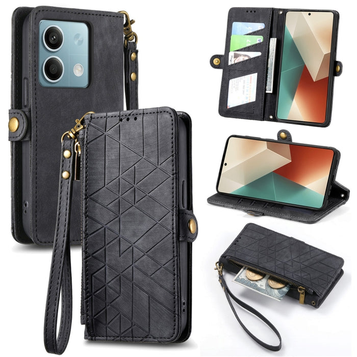 Estuche de teléfono de cuero con hebilla lateral de billetera con cremallera geométrica, For Redmi Note 13 Pro 4G, For Redmi Note 13 4G, For Redmi Note 13 5G Global, For Redmi Note 13 Pro 5G Global, For Xiaomi F5 5G, For Xiaomi F5 Pro 5G               ...
