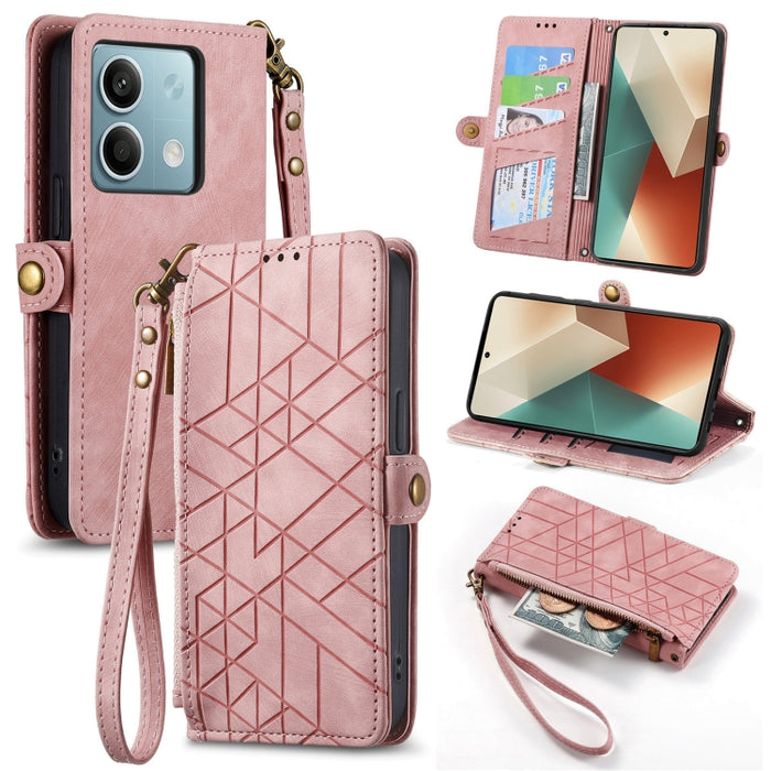 Estuche de teléfono de cuero con hebilla lateral de billetera con cremallera geométrica, For Redmi Note 13 Pro 4G, For Redmi Note 13 4G, For Redmi Note 13 5G Global, For Redmi Note 13 Pro 5G Global, For Xiaomi F5 5G, For Xiaomi F5 Pro 5G               ...