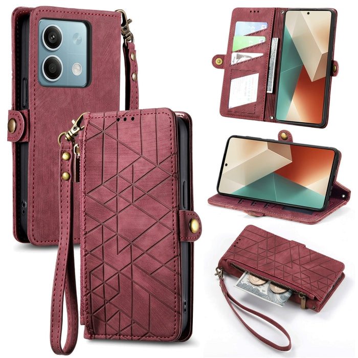 Estuche de teléfono de cuero con hebilla lateral de billetera con cremallera geométrica, For Redmi Note 13 Pro 4G, For Redmi Note 13 4G, For Redmi Note 13 5G Global, For Redmi Note 13 Pro 5G Global, For Xiaomi F5 5G, For Xiaomi F5 Pro 5G               ...
