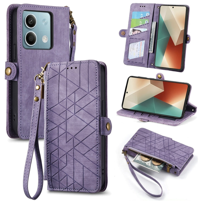 Estuche de teléfono de cuero con hebilla lateral de billetera con cremallera geométrica, For Redmi Note 13 Pro 4G, For Redmi Note 13 4G, For Redmi Note 13 5G Global, For Redmi Note 13 Pro 5G Global, For Xiaomi F5 5G, For Xiaomi F5 Pro 5G               ...