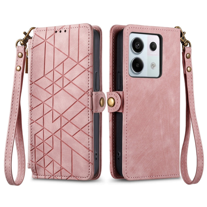 Estuche de teléfono de cuero con hebilla lateral de billetera con cremallera geométrica, For Redmi Note 13 Pro 4G, For Redmi Note 13 4G, For Redmi Note 13 5G Global, For Redmi Note 13 Pro 5G Global, For Xiaomi F5 5G, For Xiaomi F5 Pro 5G               ...