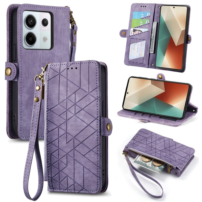 Estuche de teléfono de cuero con hebilla lateral de billetera con cremallera geométrica, For Redmi Note 13 Pro 4G, For Redmi Note 13 4G, For Redmi Note 13 5G Global, For Redmi Note 13 Pro 5G Global, For Xiaomi F5 5G, For Xiaomi F5 Pro 5G               ...