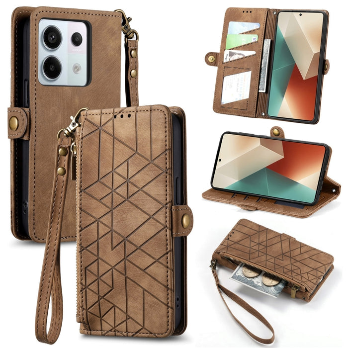 Estuche de teléfono de cuero con hebilla lateral de billetera con cremallera geométrica, For Redmi Note 13 Pro 4G, For Redmi Note 13 4G, For Redmi Note 13 5G Global, For Redmi Note 13 Pro 5G Global, For Xiaomi F5 5G, For Xiaomi F5 Pro 5G               ...
