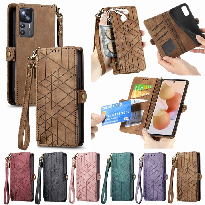 Estuche de teléfono de cuero con hebilla lateral de billetera con cremallera geométrica, For Xiaomi 12S Pro, For Xiaomi 12S, For Xiaomi Poco C40, For Xiaomi 12 Ultra, For Xiaomi 12, For Xiaomi 11T, For Xiaomi Poco X3 GT, For Xiaomi 11 Lite             ...