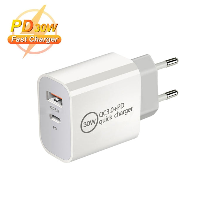 Cargador de doble puerto USB PD30W USB-C / Type-C + QC3.0, EU Plug, US Plug, AU Plug