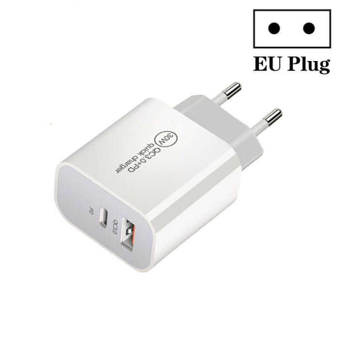 Cargador de doble puerto USB PD30W USB-C / Type-C + QC3.0, EU Plug, US Plug, AU Plug