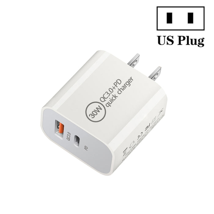 Cargador de doble puerto USB PD30W USB-C / Type-C + QC3.0, EU Plug, US Plug, AU Plug