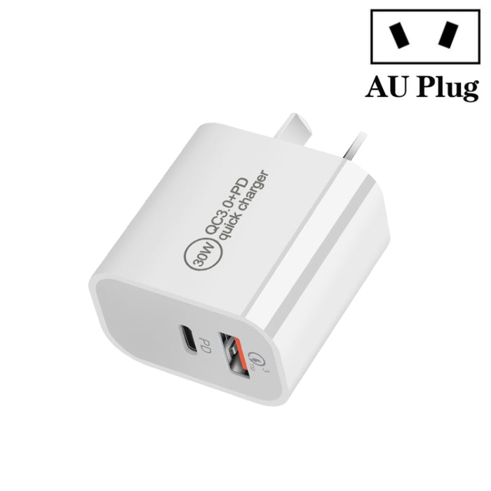 Cargador de doble puerto USB PD30W USB-C / Type-C + QC3.0, EU Plug, US Plug, AU Plug