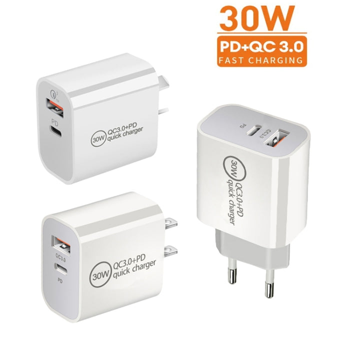 Cargador de doble puerto USB PD30W USB-C / Type-C + QC3.0, EU Plug, US Plug, AU Plug