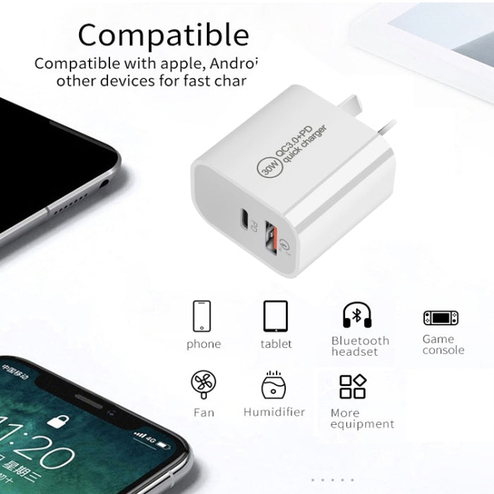 Cargador de doble puerto USB PD30W USB-C / Type-C + QC3.0, EU Plug, US Plug, AU Plug