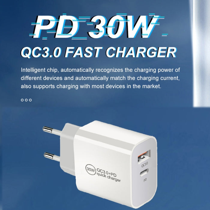 Cargador de doble puerto USB PD30W USB-C / Type-C + QC3.0, EU Plug, US Plug, AU Plug