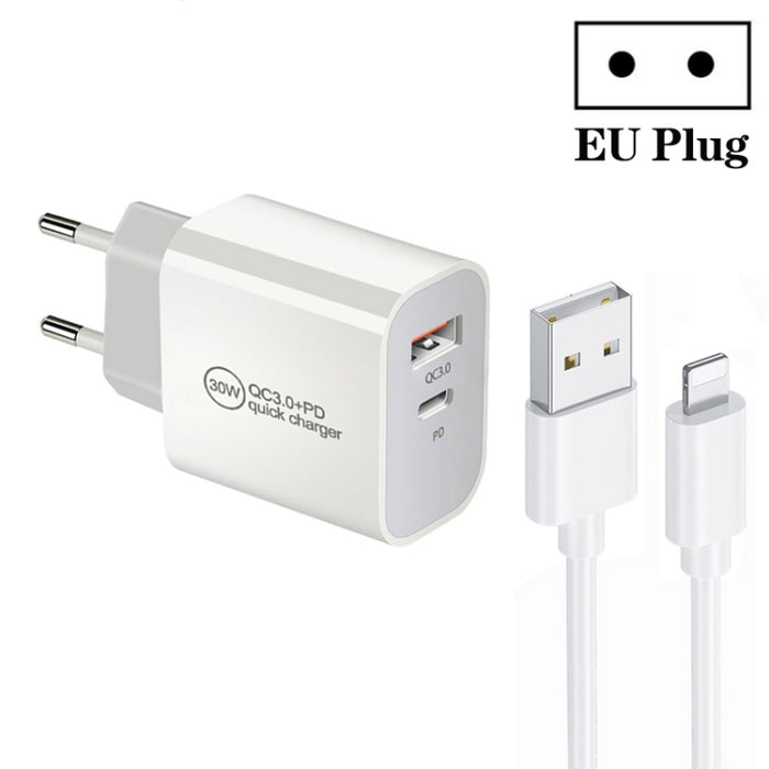 Cargador de puerto dual USB PD30W USB-C / Type-C + QC3.0 con cable de datos USB a 8 pines de 1 m, EU Plug, US Plug, AU Plug