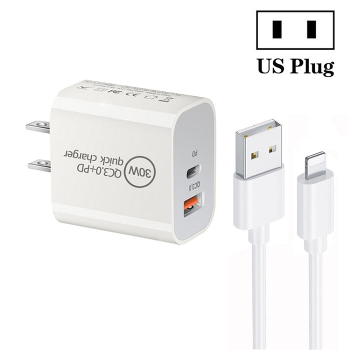 Cargador de puerto dual USB PD30W USB-C / Type-C + QC3.0 con cable de datos USB a 8 pines de 1 m, EU Plug, US Plug, AU Plug