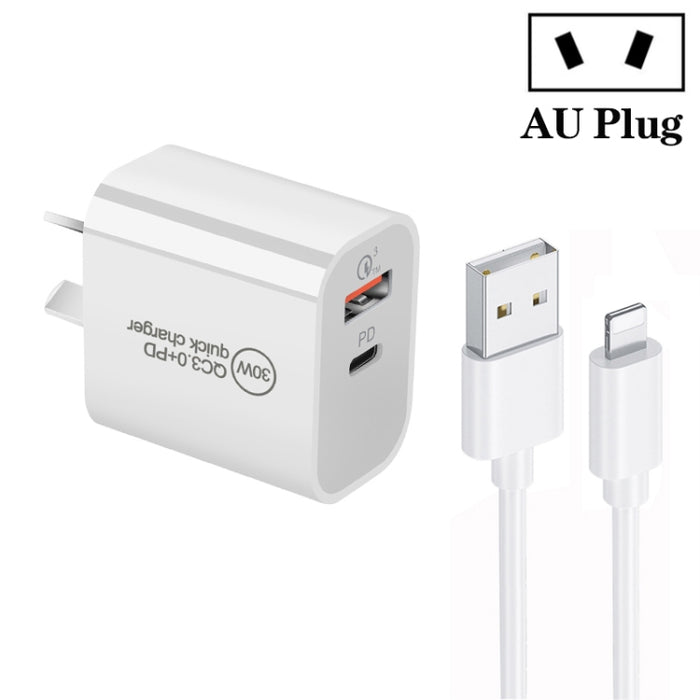 Cargador de puerto dual USB PD30W USB-C / Type-C + QC3.0 con cable de datos USB a 8 pines de 1 m, EU Plug, US Plug, AU Plug