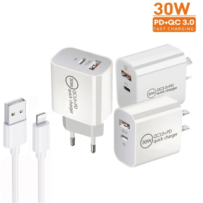 Cargador de puerto dual USB PD30W USB-C / Type-C + QC3.0 con cable de datos USB a 8 pines de 1 m, EU Plug, US Plug, AU Plug