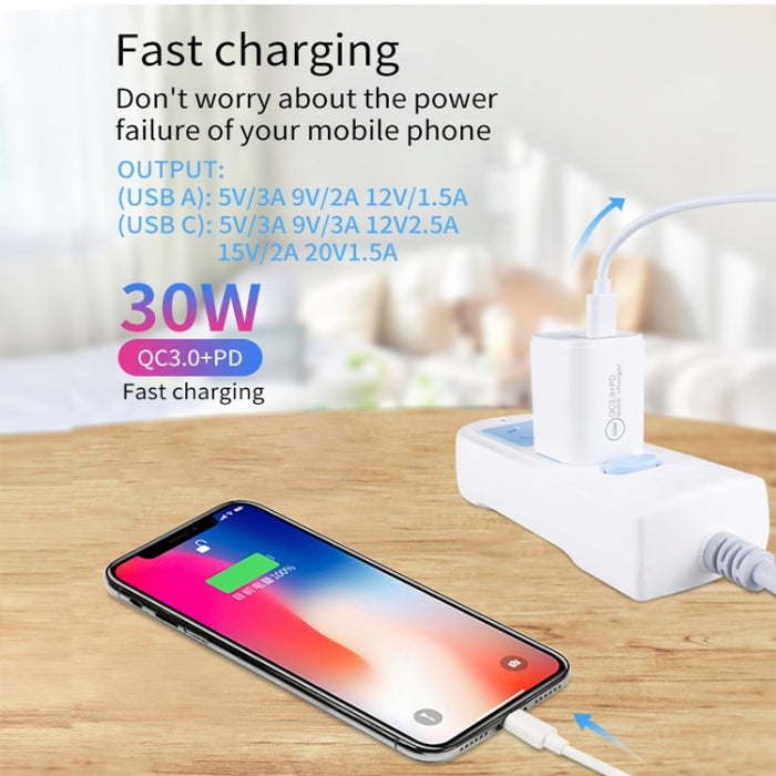 Cargador de puerto dual USB PD30W USB-C / Type-C + QC3.0 con cable de datos USB a 8 pines de 1 m, EU Plug, US Plug, AU Plug