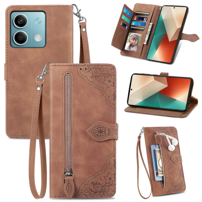 Funda para teléfono de cuero con cremallera y flores en relieve, For Xiaomi Poco M6 Pro 4G, For Xiaomi Redmi Note 13 Pro 4G, For Xiaomi Redmi A3, For Xiaomi Redmi Note 13 4G, For Xiaomi Redmi 13C 5G, For Xiaomi Redmi K70E, For Xiaomi Poco X6 Pro       ...