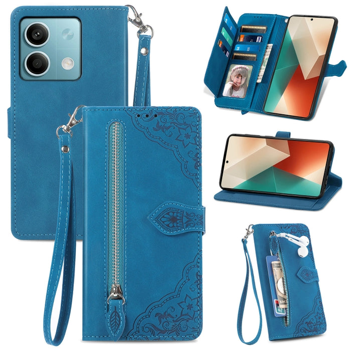 Funda para teléfono de cuero con cremallera y flores en relieve, For Xiaomi Poco M6 Pro 4G, For Xiaomi Redmi Note 13 Pro 4G, For Xiaomi Redmi A3, For Xiaomi Redmi Note 13 4G, For Xiaomi Redmi 13C 5G, For Xiaomi Redmi K70E, For Xiaomi Poco X6 Pro       ...