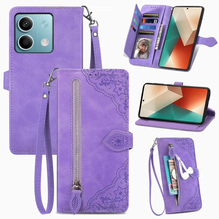 Funda para teléfono de cuero con cremallera y flores en relieve, For Xiaomi Poco M6 Pro 4G, For Xiaomi Redmi Note 13 Pro 4G, For Xiaomi Redmi A3, For Xiaomi Redmi Note 13 4G, For Xiaomi Redmi 13C 5G, For Xiaomi Redmi K70E, For Xiaomi Poco X6 Pro       ...