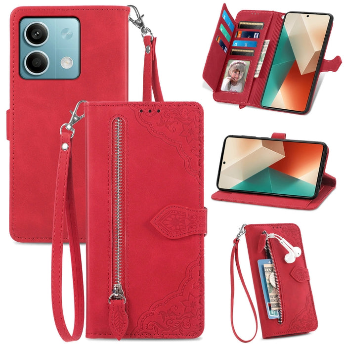 Funda para teléfono de cuero con cremallera y flores en relieve, For Xiaomi Poco M6 Pro 4G, For Xiaomi Redmi Note 13 Pro 4G, For Xiaomi Redmi A3, For Xiaomi Redmi Note 13 4G, For Xiaomi Redmi 13C 5G, For Xiaomi Redmi K70E, For Xiaomi Poco X6 Pro       ...