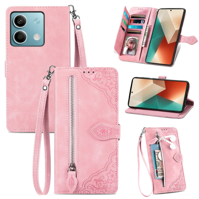 Funda para teléfono de cuero con cremallera y flores en relieve, For Xiaomi Poco M6 Pro 4G, For Xiaomi Redmi Note 13 Pro 4G, For Xiaomi Redmi A3, For Xiaomi Redmi Note 13 4G, For Xiaomi Redmi 13C 5G, For Xiaomi Redmi K70E, For Xiaomi Poco X6 Pro       ...