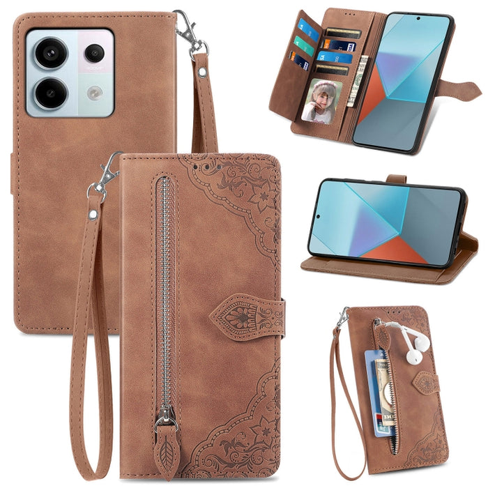 Funda para teléfono de cuero con cremallera y flores en relieve, For Xiaomi Poco M6 Pro 4G, For Xiaomi Redmi Note 13 Pro 4G, For Xiaomi Redmi A3, For Xiaomi Redmi Note 13 4G, For Xiaomi Redmi 13C 5G, For Xiaomi Redmi K70E, For Xiaomi Poco X6 Pro       ...