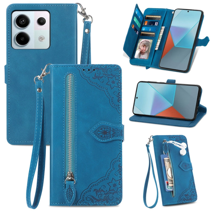 Funda para teléfono de cuero con cremallera y flores en relieve, For Xiaomi Poco M6 Pro 4G, For Xiaomi Redmi Note 13 Pro 4G, For Xiaomi Redmi A3, For Xiaomi Redmi Note 13 4G, For Xiaomi Redmi 13C 5G, For Xiaomi Redmi K70E, For Xiaomi Poco X6 Pro       ...