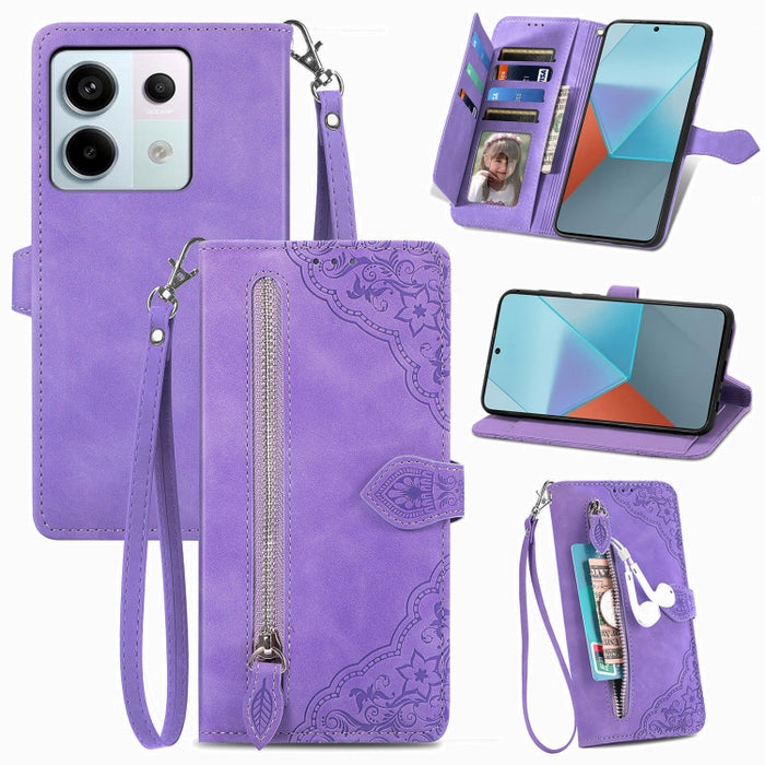 Funda para teléfono de cuero con cremallera y flores en relieve, For Xiaomi Poco M6 Pro 4G, For Xiaomi Redmi Note 13 Pro 4G, For Xiaomi Redmi A3, For Xiaomi Redmi Note 13 4G, For Xiaomi Redmi 13C 5G, For Xiaomi Redmi K70E, For Xiaomi Poco X6 Pro       ...