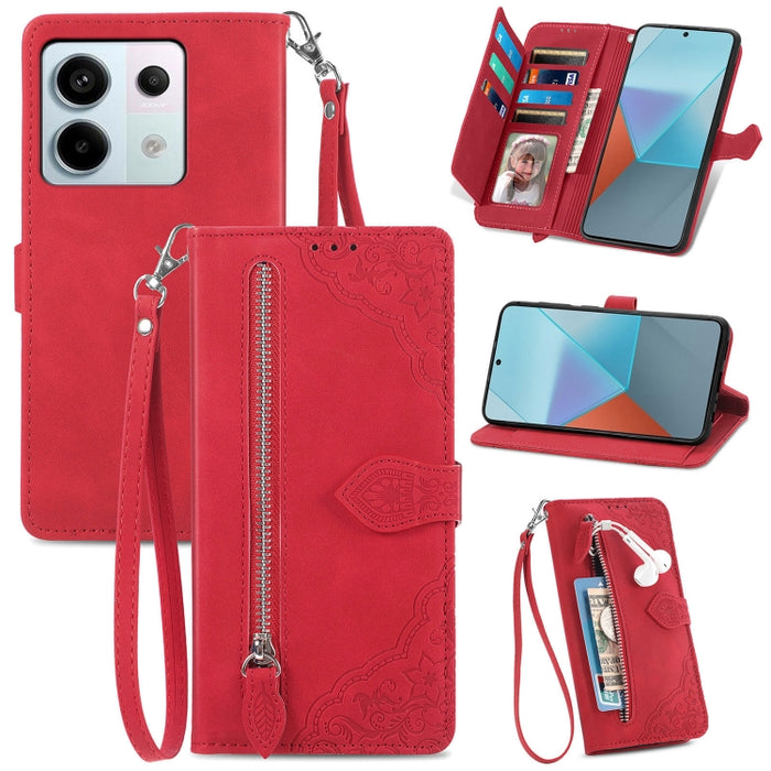 Funda para teléfono de cuero con cremallera y flores en relieve, For Xiaomi Poco M6 Pro 4G, For Xiaomi Redmi Note 13 Pro 4G, For Xiaomi Redmi A3, For Xiaomi Redmi Note 13 4G, For Xiaomi Redmi 13C 5G, For Xiaomi Redmi K70E, For Xiaomi Poco X6 Pro       ...