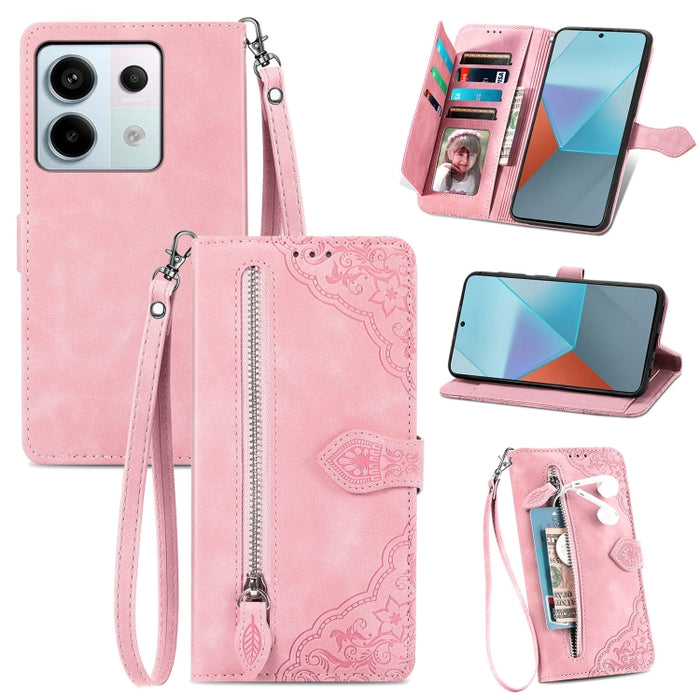 Funda para teléfono de cuero con cremallera y flores en relieve, For Xiaomi Poco M6 Pro 4G, For Xiaomi Redmi Note 13 Pro 4G, For Xiaomi Redmi A3, For Xiaomi Redmi Note 13 4G, For Xiaomi Redmi 13C 5G, For Xiaomi Redmi K70E, For Xiaomi Poco X6 Pro       ...