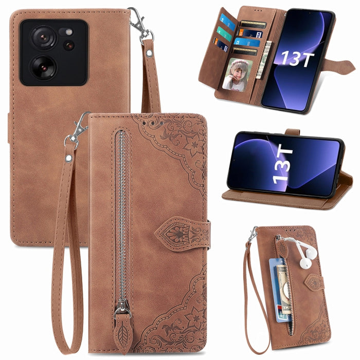 Funda para teléfono de cuero con cremallera y flores en relieve, For Xiaomi Poco M6 Pro 4G, For Xiaomi Redmi Note 13 Pro 4G, For Xiaomi Redmi A3, For Xiaomi Redmi Note 13 4G, For Xiaomi Redmi 13C 5G, For Xiaomi Redmi K70E, For Xiaomi Poco X6 Pro       ...