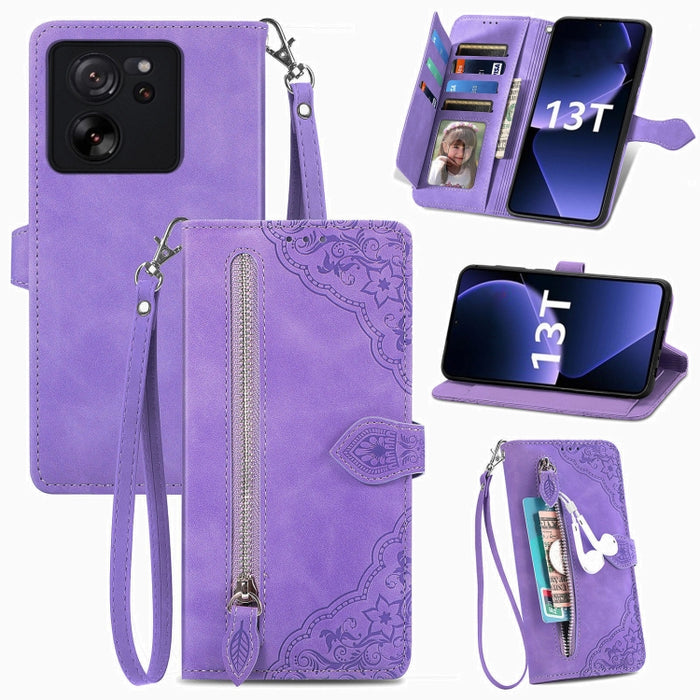 Funda para teléfono de cuero con cremallera y flores en relieve, For Xiaomi Poco M6 Pro 4G, For Xiaomi Redmi Note 13 Pro 4G, For Xiaomi Redmi A3, For Xiaomi Redmi Note 13 4G, For Xiaomi Redmi 13C 5G, For Xiaomi Redmi K70E, For Xiaomi Poco X6 Pro       ...
