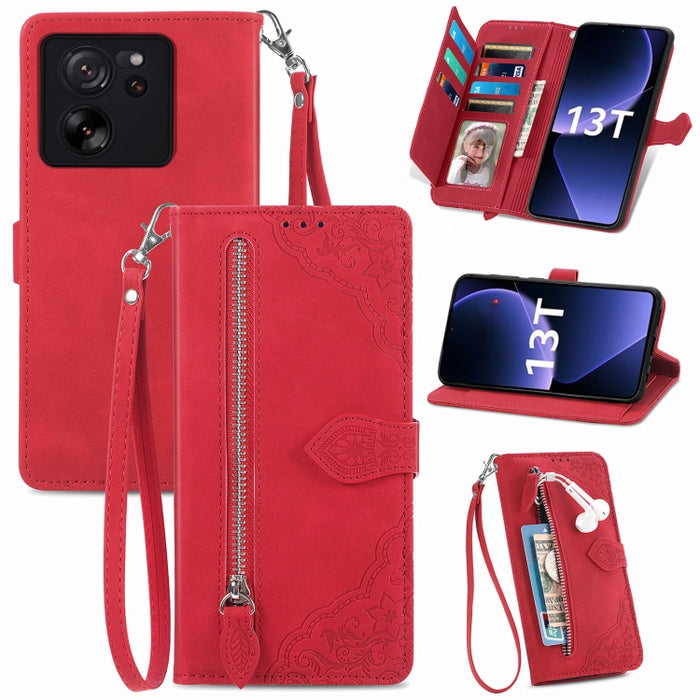 Funda para teléfono de cuero con cremallera y flores en relieve, For Xiaomi Poco M6 Pro 4G, For Xiaomi Redmi Note 13 Pro 4G, For Xiaomi Redmi A3, For Xiaomi Redmi Note 13 4G, For Xiaomi Redmi 13C 5G, For Xiaomi Redmi K70E, For Xiaomi Poco X6 Pro       ...