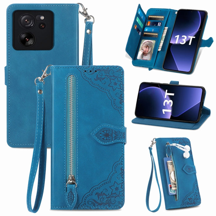 Funda para teléfono de cuero con cremallera y flores en relieve, For Xiaomi Poco M6 Pro 4G, For Xiaomi Redmi Note 13 Pro 4G, For Xiaomi Redmi A3, For Xiaomi Redmi Note 13 4G, For Xiaomi Redmi 13C 5G, For Xiaomi Redmi K70E, For Xiaomi Poco X6 Pro       ...