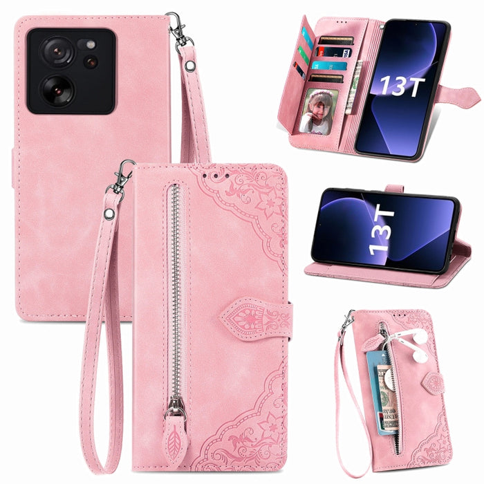 Funda para teléfono de cuero con cremallera y flores en relieve, For Xiaomi Poco M6 Pro 4G, For Xiaomi Redmi Note 13 Pro 4G, For Xiaomi Redmi A3, For Xiaomi Redmi Note 13 4G, For Xiaomi Redmi 13C 5G, For Xiaomi Redmi K70E, For Xiaomi Poco X6 Pro       ...