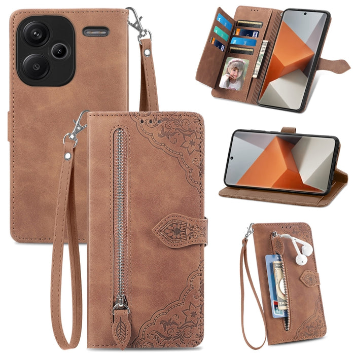 Funda para teléfono de cuero con cremallera y flores en relieve, For Xiaomi Poco M6 Pro 4G, For Xiaomi Redmi Note 13 Pro 4G, For Xiaomi Redmi A3, For Xiaomi Redmi Note 13 4G, For Xiaomi Redmi 13C 5G, For Xiaomi Redmi K70E, For Xiaomi Poco X6 Pro       ...