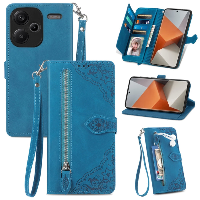 Funda para teléfono de cuero con cremallera y flores en relieve, For Xiaomi Poco M6 Pro 4G, For Xiaomi Redmi Note 13 Pro 4G, For Xiaomi Redmi A3, For Xiaomi Redmi Note 13 4G, For Xiaomi Redmi 13C 5G, For Xiaomi Redmi K70E, For Xiaomi Poco X6 Pro       ...