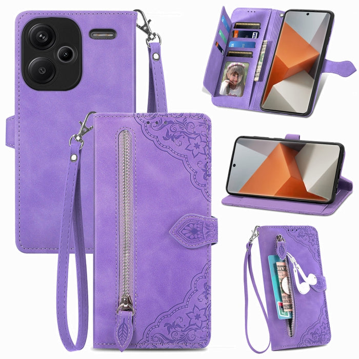 Funda para teléfono de cuero con cremallera y flores en relieve, For Xiaomi Poco M6 Pro 4G, For Xiaomi Redmi Note 13 Pro 4G, For Xiaomi Redmi A3, For Xiaomi Redmi Note 13 4G, For Xiaomi Redmi 13C 5G, For Xiaomi Redmi K70E, For Xiaomi Poco X6 Pro       ...