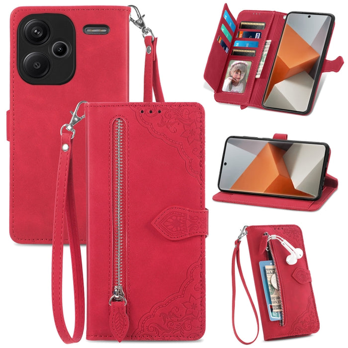 Funda para teléfono de cuero con cremallera y flores en relieve, For Xiaomi Poco M6 Pro 4G, For Xiaomi Redmi Note 13 Pro 4G, For Xiaomi Redmi A3, For Xiaomi Redmi Note 13 4G, For Xiaomi Redmi 13C 5G, For Xiaomi Redmi K70E, For Xiaomi Poco X6 Pro       ...