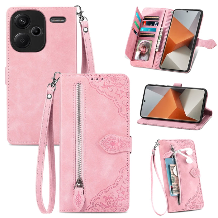 Funda para teléfono de cuero con cremallera y flores en relieve, For Xiaomi Poco M6 Pro 4G, For Xiaomi Redmi Note 13 Pro 4G, For Xiaomi Redmi A3, For Xiaomi Redmi Note 13 4G, For Xiaomi Redmi 13C 5G, For Xiaomi Redmi K70E, For Xiaomi Poco X6 Pro       ...