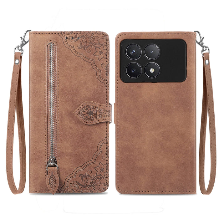 Funda para teléfono de cuero con cremallera y flores en relieve, For Xiaomi Poco M6 Pro 4G, For Xiaomi Redmi Note 13 Pro 4G, For Xiaomi Redmi A3, For Xiaomi Redmi Note 13 4G, For Xiaomi Redmi 13C 5G, For Xiaomi Redmi K70E, For Xiaomi Poco X6 Pro       ...