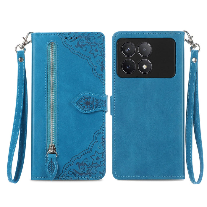 Funda para teléfono de cuero con cremallera y flores en relieve, For Xiaomi Poco M6 Pro 4G, For Xiaomi Redmi Note 13 Pro 4G, For Xiaomi Redmi A3, For Xiaomi Redmi Note 13 4G, For Xiaomi Redmi 13C 5G, For Xiaomi Redmi K70E, For Xiaomi Poco X6 Pro       ...