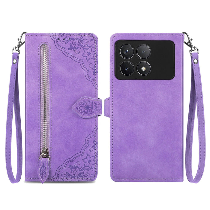 Funda para teléfono de cuero con cremallera y flores en relieve, For Xiaomi Poco M6 Pro 4G, For Xiaomi Redmi Note 13 Pro 4G, For Xiaomi Redmi A3, For Xiaomi Redmi Note 13 4G, For Xiaomi Redmi 13C 5G, For Xiaomi Redmi K70E, For Xiaomi Poco X6 Pro       ...