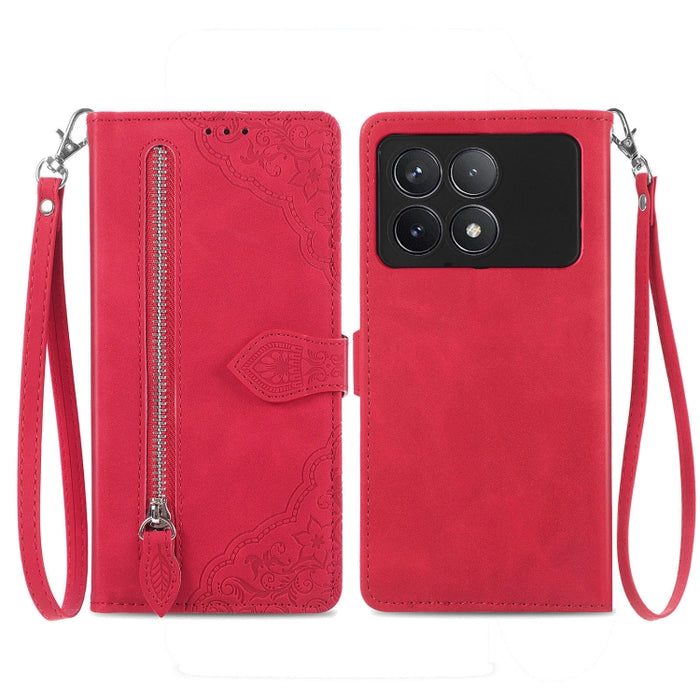 Funda para teléfono de cuero con cremallera y flores en relieve, For Xiaomi Poco M6 Pro 4G, For Xiaomi Redmi Note 13 Pro 4G, For Xiaomi Redmi A3, For Xiaomi Redmi Note 13 4G, For Xiaomi Redmi 13C 5G, For Xiaomi Redmi K70E, For Xiaomi Poco X6 Pro       ...