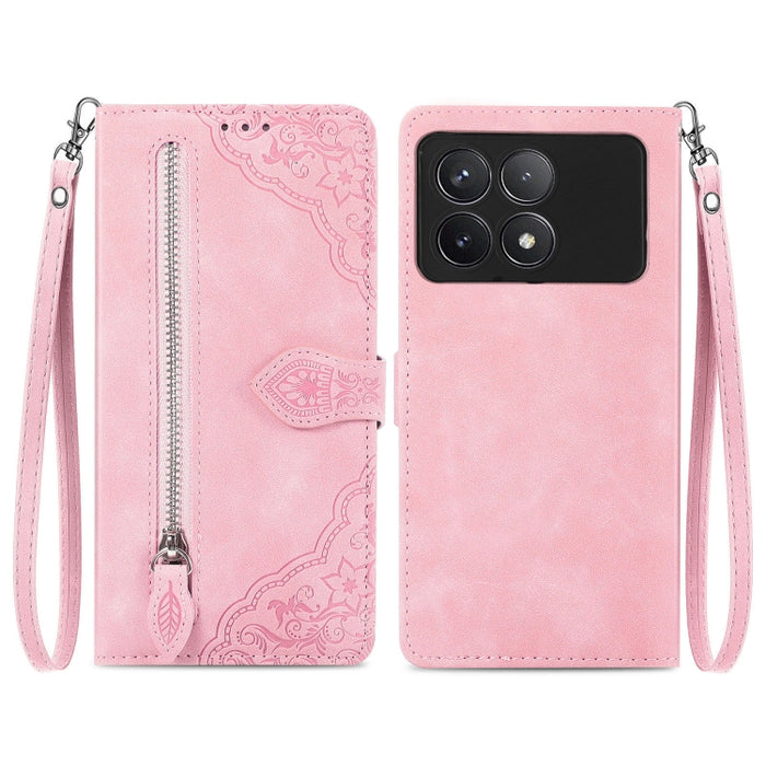 Funda para teléfono de cuero con cremallera y flores en relieve, For Xiaomi Poco M6 Pro 4G, For Xiaomi Redmi Note 13 Pro 4G, For Xiaomi Redmi A3, For Xiaomi Redmi Note 13 4G, For Xiaomi Redmi 13C 5G, For Xiaomi Redmi K70E, For Xiaomi Poco X6 Pro       ...